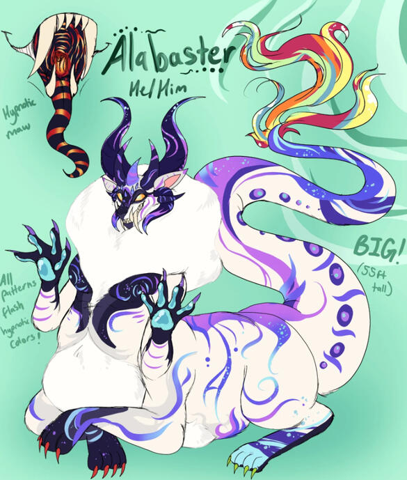 🫧A big fluffy hypnotic dragon who loves to hoard people and keep them close. Alabaster uses his hypnotic maw and patterns to entrance others into a cozy, happy state via flashing pretty colors. He'll wrap them in his tail, even cuddle on his belly.
