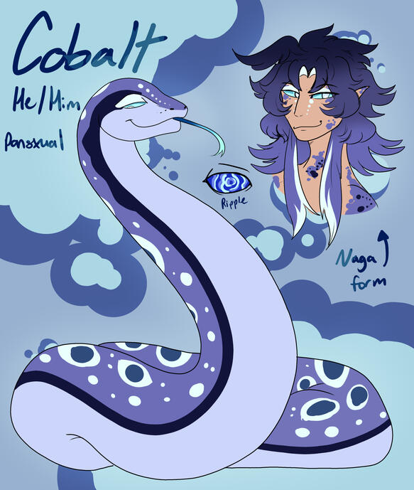 🫧Cobalt is a snake who is a hopeless romantic, longing for someone to call his own. His hypnosis reflecting the feeling of a perfect partner onto the sub, yet still no one has ever imagined him. Cobalt is charming, a flirt and overall a fine guy.
