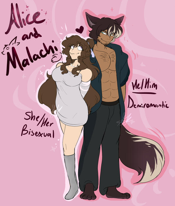 ☁️☁️Alice and Malachi! A couple who met in their school days and still are dating to this day! Alice is a tist and hypnotizes her big fluffy man often. Only because he’s just so stressed. Poor guy needs to relax more.